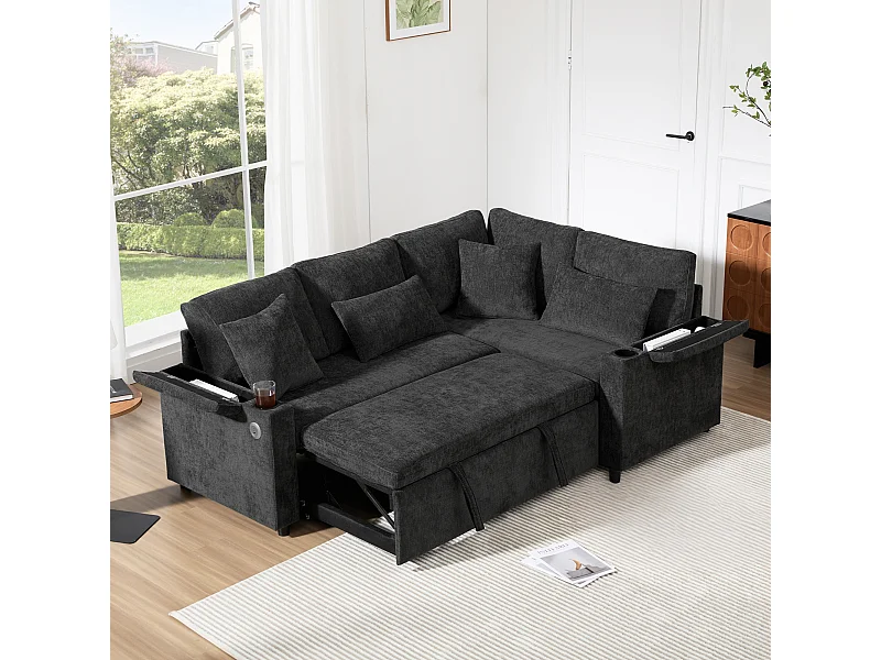 Canapé convertible extensible avec rangement - 206.5 x 141 x 86 cm - avec USB + 2 coussins - velours - gris