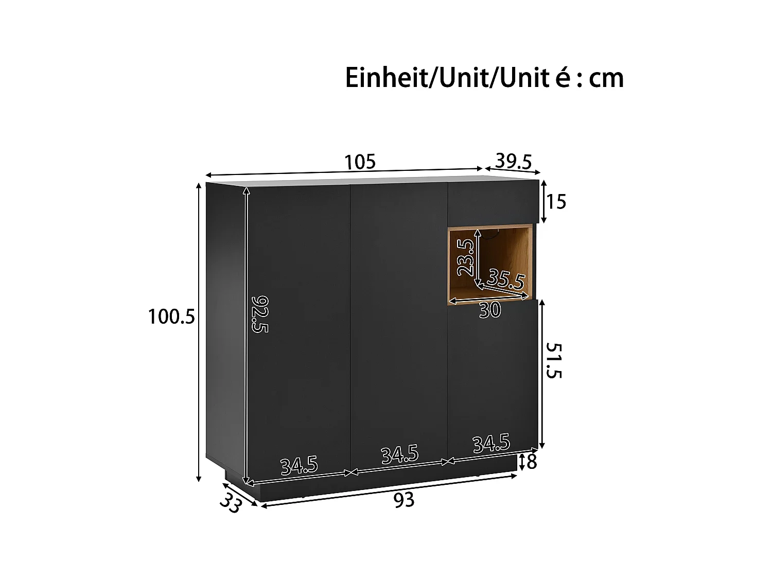 Meuble à chaussures avec 1 tiroir + 3 portes + Leds + étagères réglables - 105 x 39.5 x 100.5 cm - aggloméré - noir