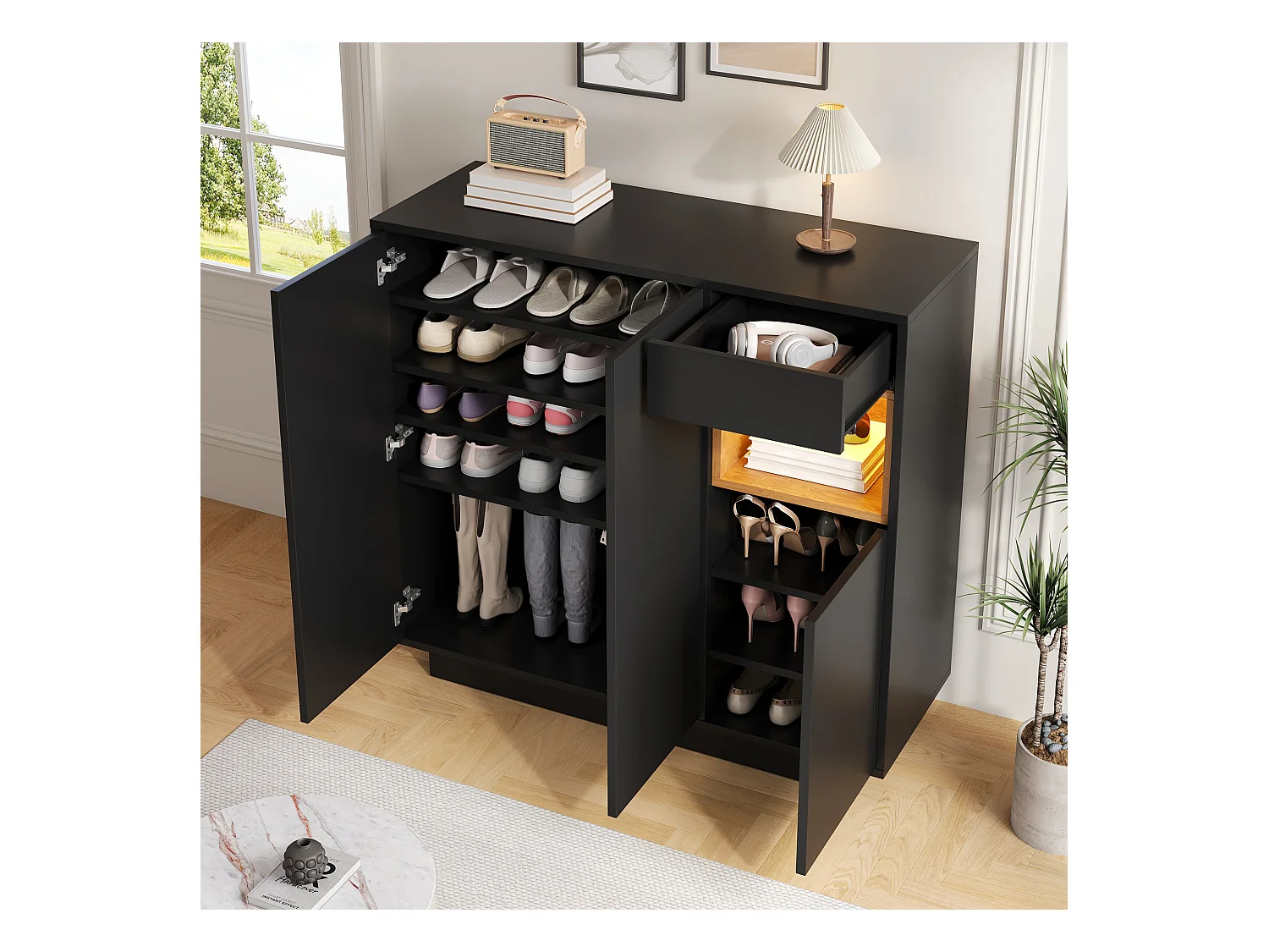 Meuble à chaussures avec 1 tiroir + 3 portes + Leds + étagères réglables - 105 x 39.5 x 100.5 cm - aggloméré - noir