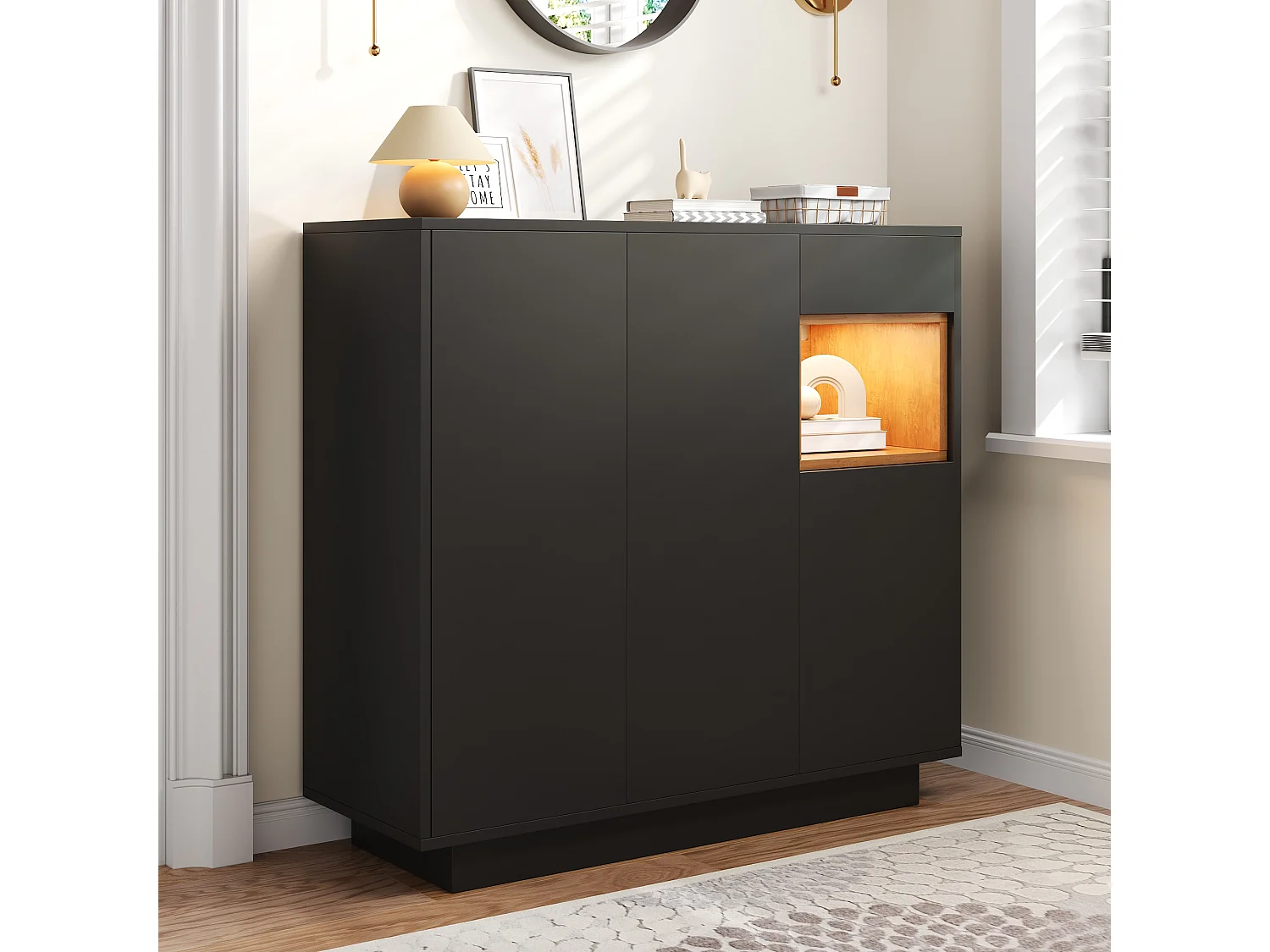 Meuble à chaussures avec 1 tiroir + 3 portes + Leds + étagères réglables - 105 x 39.5 x 100.5 cm - aggloméré - noir