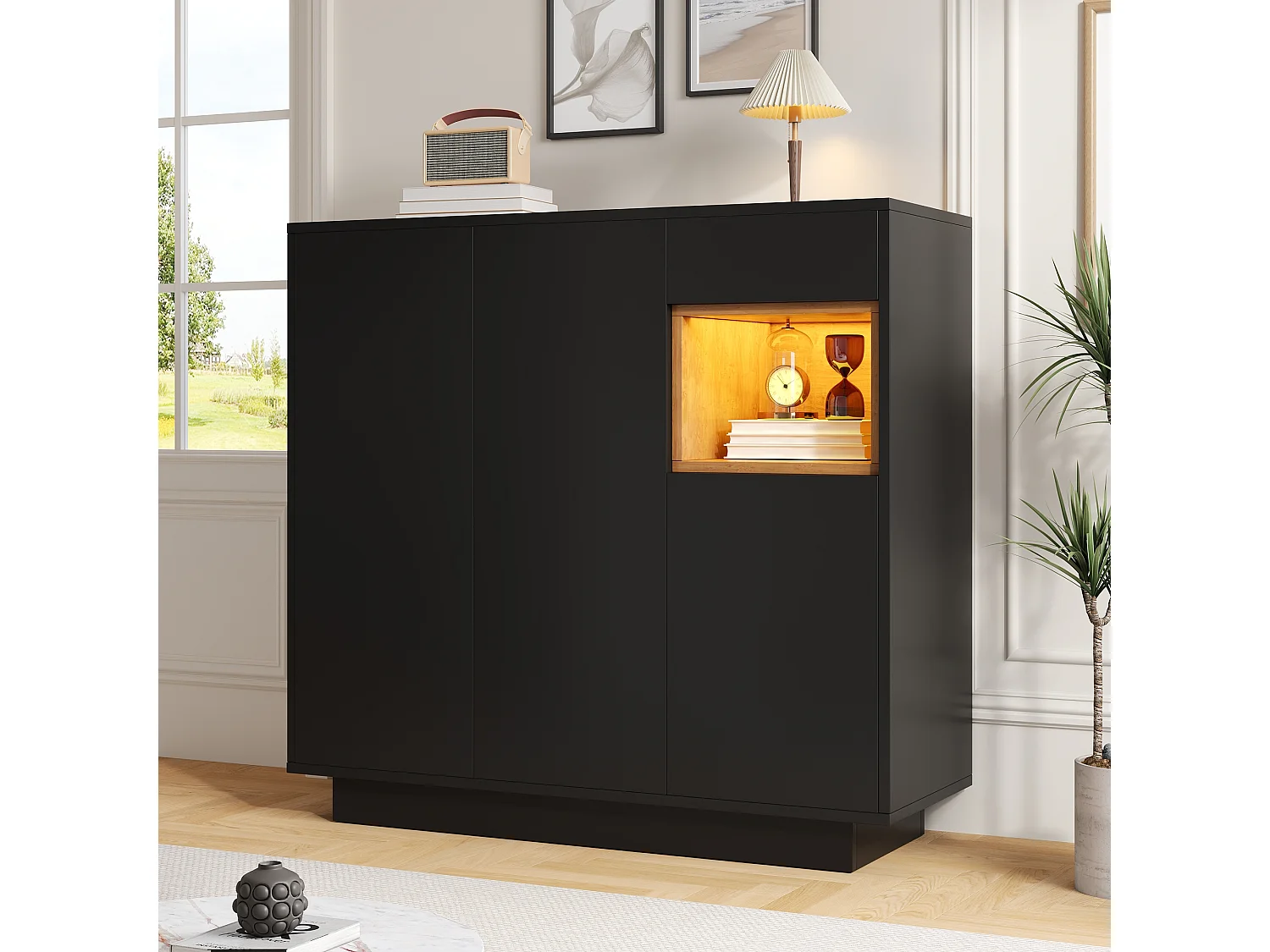 Meuble à chaussures avec 1 tiroir + 3 portes + Leds + étagères réglables - 105 x 39.5 x 100.5 cm - aggloméré - noir