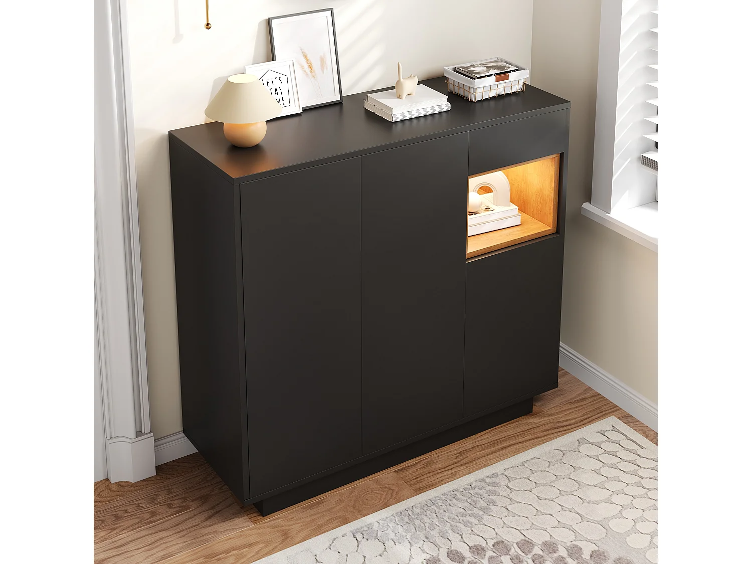 Meuble à chaussures avec 1 tiroir + 3 portes + Leds + étagères réglables - 105 x 39.5 x 100.5 cm - aggloméré - noir