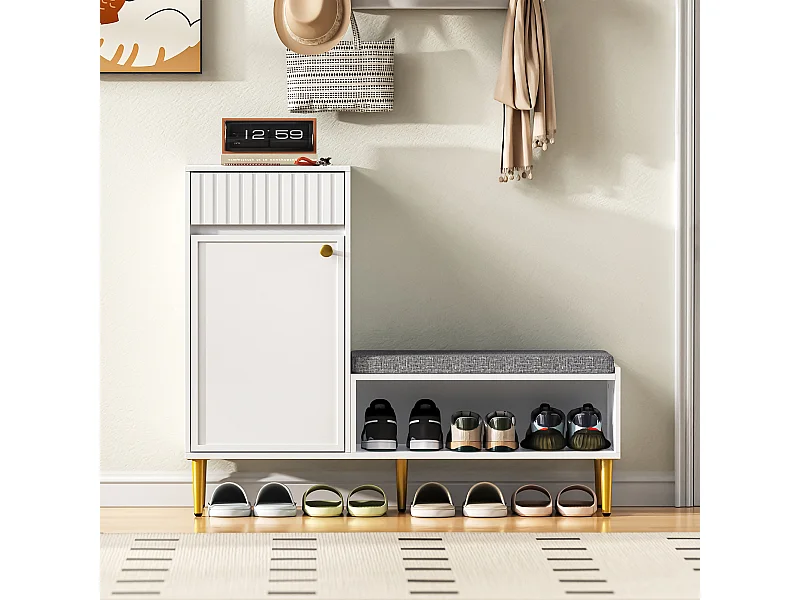 Meuble à chaussures avec banc + 1 porte + 1 tiroirs + rangement ouvert - 100 x 35 x 82 cm - aggloméré - blanc