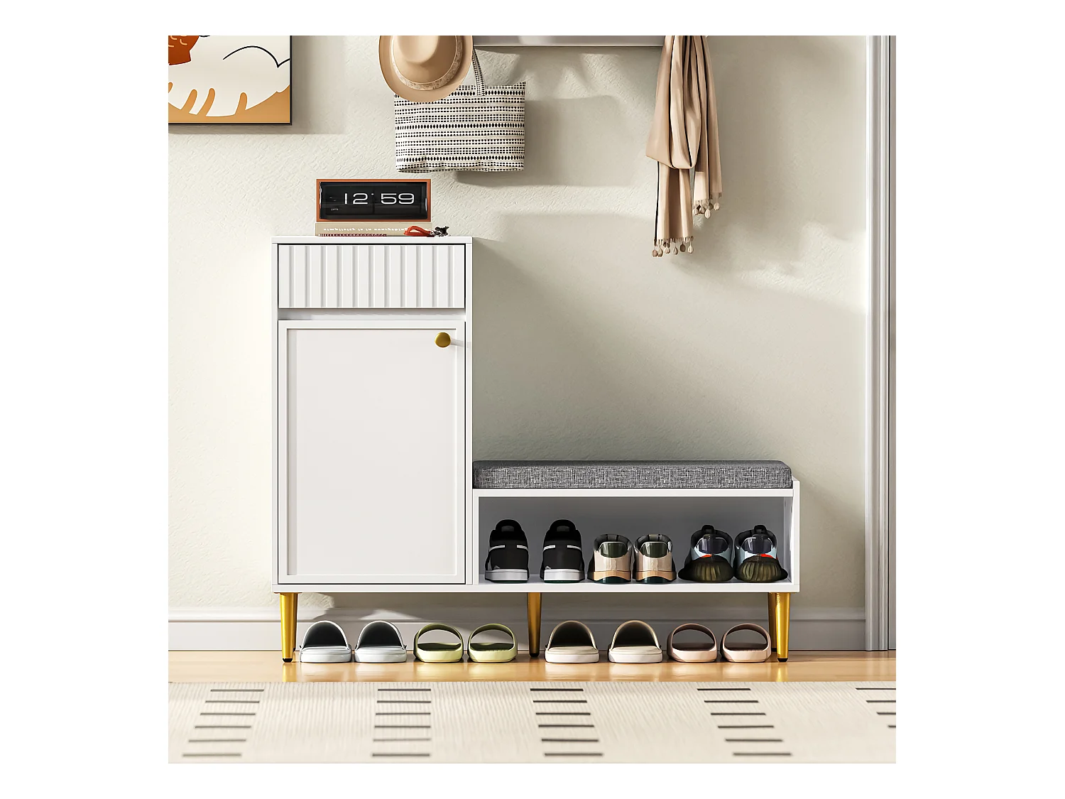 Meuble à chaussures avec banc + 1 porte + 1 tiroirs + rangement ouvert - 100 x 35 x 82 cm - aggloméré - blanc