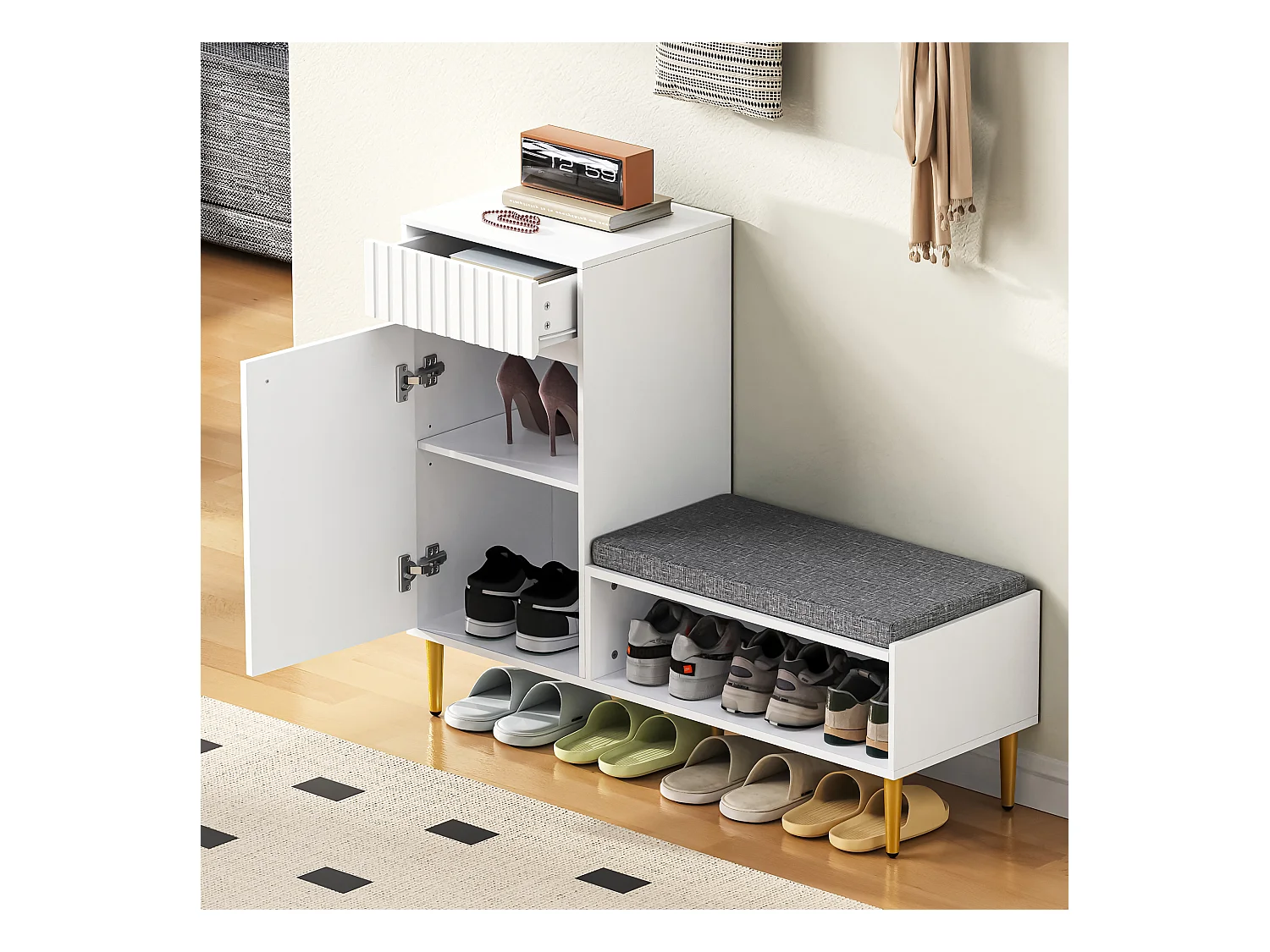 Meuble à chaussures avec banc + 1 porte + 1 tiroirs + rangement ouvert - 100 x 35 x 82 cm - aggloméré - blanc