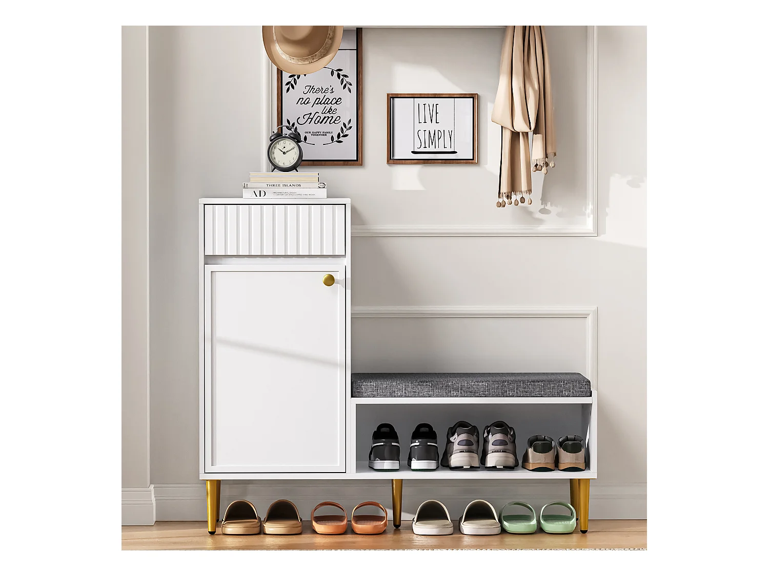 Meuble à chaussures avec banc + 1 porte + 1 tiroirs + rangement ouvert - 100 x 35 x 82 cm - aggloméré - blanc