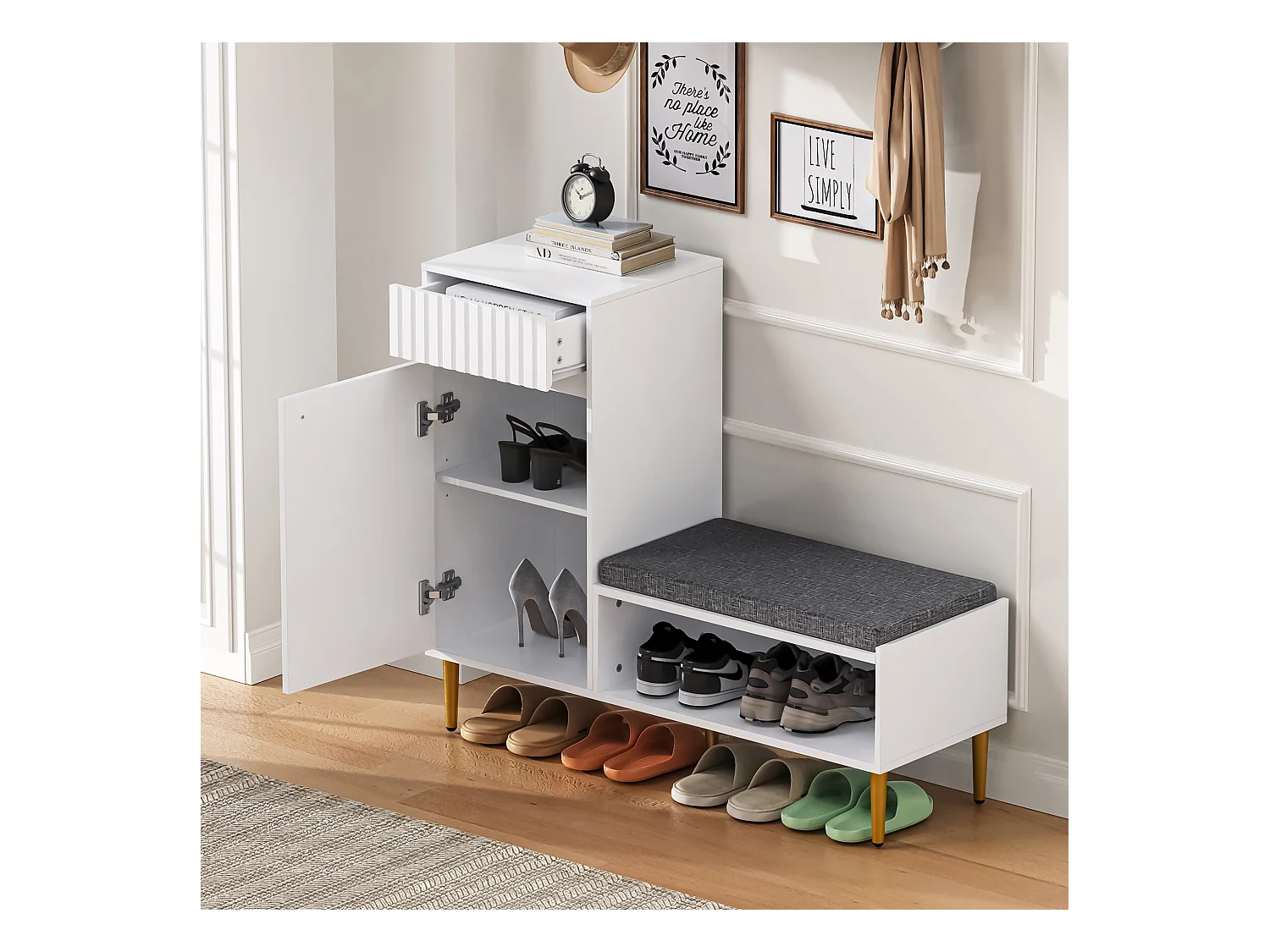 Meuble à chaussures avec banc + 1 porte + 1 tiroirs + rangement ouvert - 100 x 35 x 82 cm - aggloméré - blanc