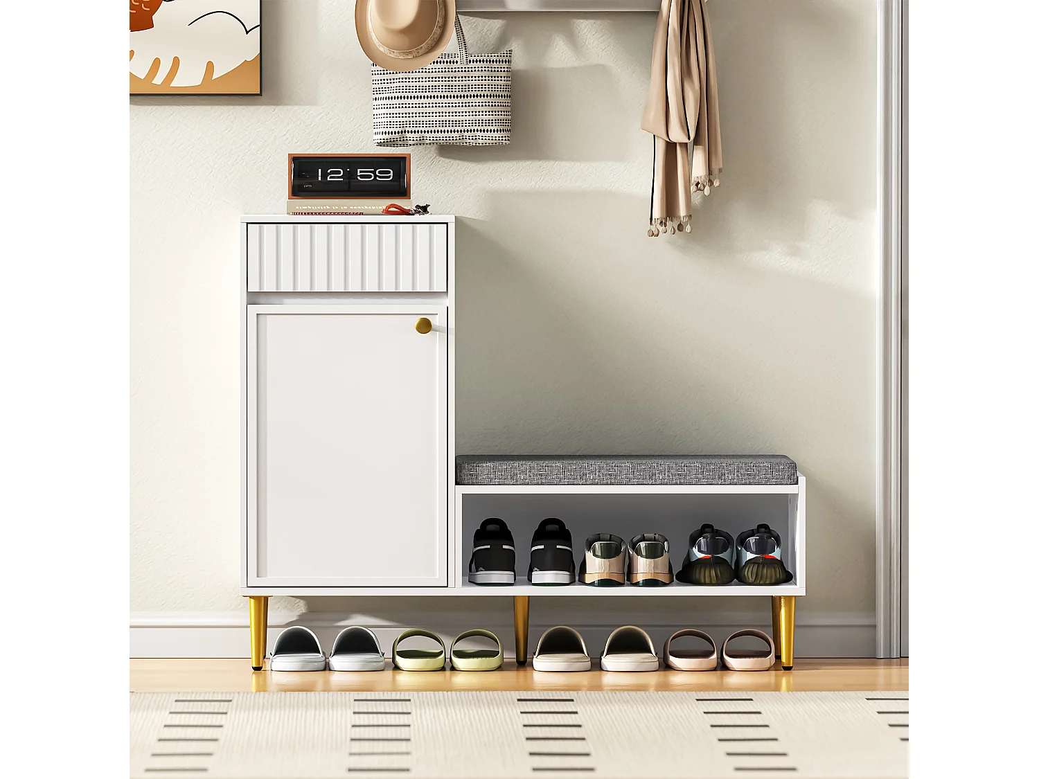 Meuble à chaussures avec banc + 1 porte + 1 tiroirs + rangement ouvert - 100 x 35 x 82 cm - aggloméré - blanc