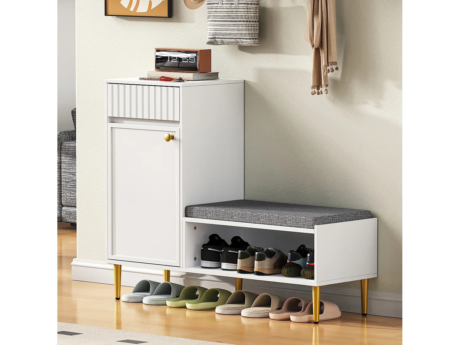 Meuble à chaussures avec banc + 1 porte + 1 tiroirs + rangement ouvert - 100 x 35 x 82 cm - aggloméré - blanc