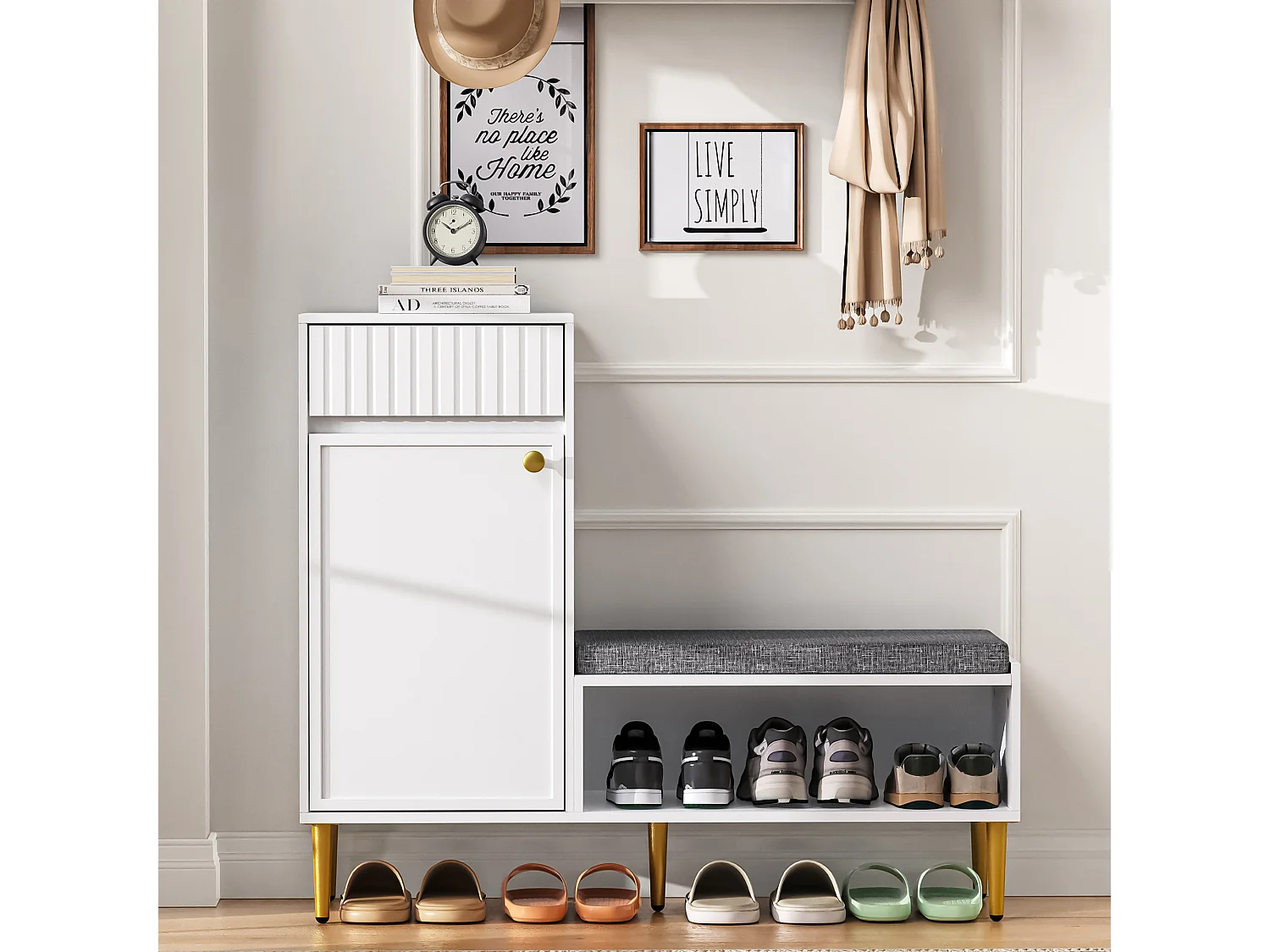 Meuble à chaussures avec banc + 1 porte + 1 tiroirs + rangement ouvert - 100 x 35 x 82 cm - aggloméré - blanc