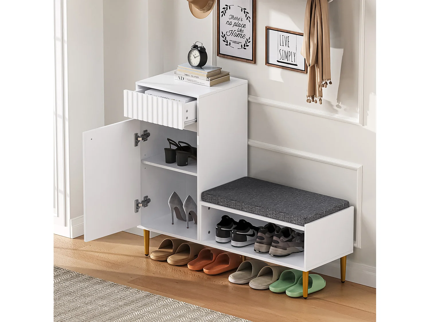 Meuble à chaussures avec banc + 1 porte + 1 tiroirs + rangement ouvert - 100 x 35 x 82 cm - aggloméré - blanc