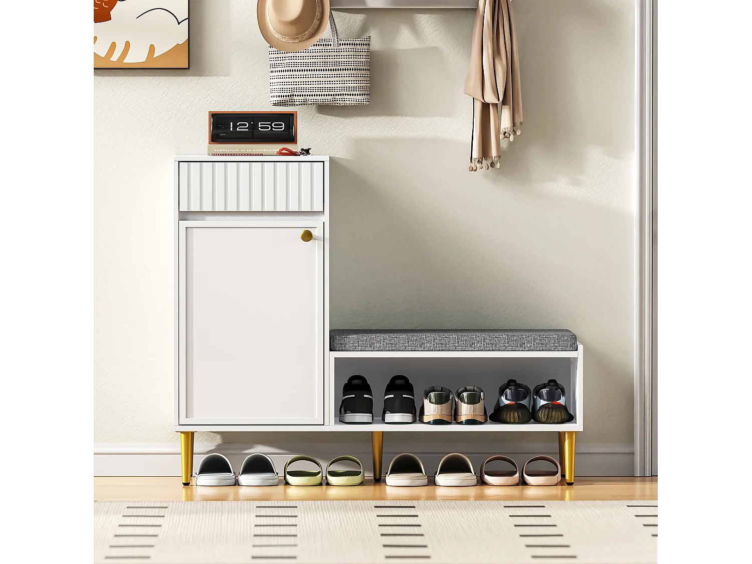 Meuble à chaussures avec banc + 1 porte + 1 tiroirs + rangement ouvert - 100 x 35 x 82 cm - aggloméré - blanc