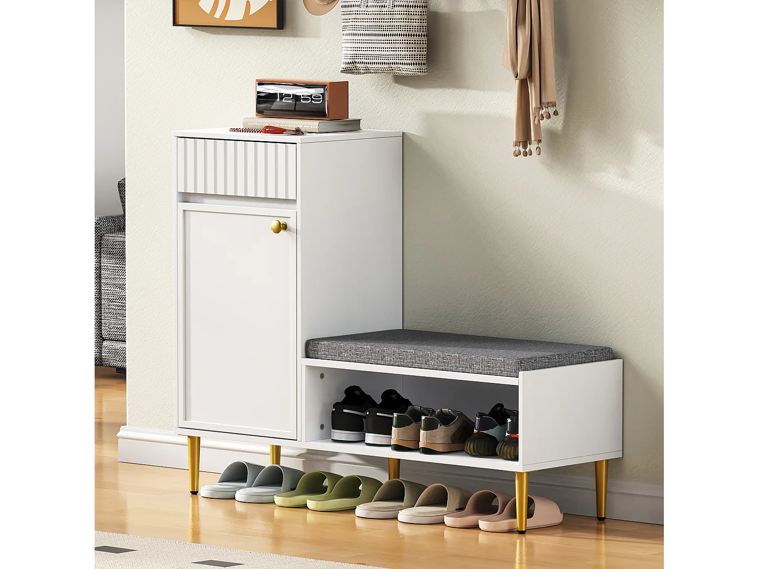 Meuble à chaussures avec banc + 1 porte + 1 tiroirs + rangement ouvert - 100 x 35 x 82 cm - aggloméré - blanc