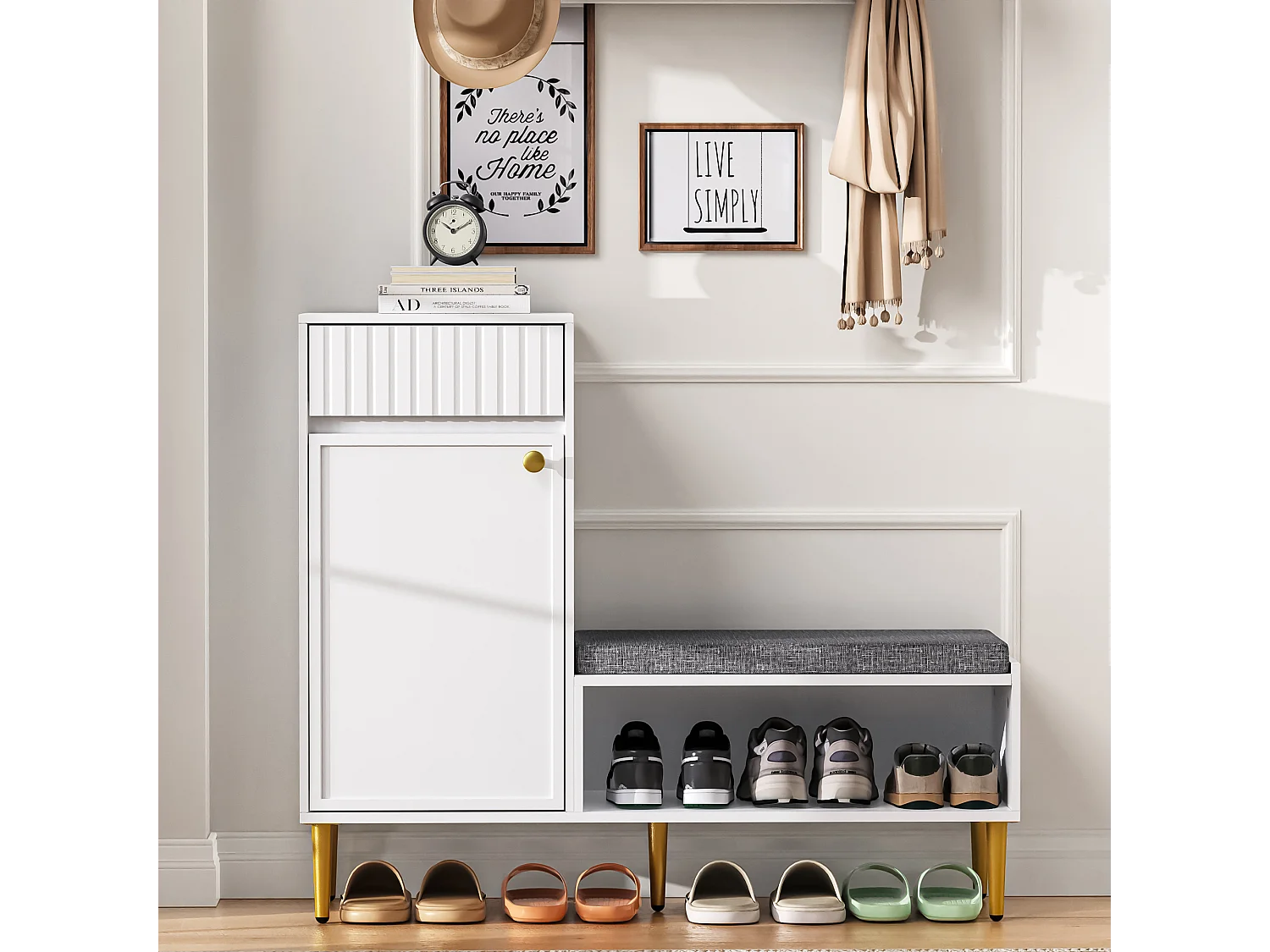 Meuble à chaussures avec banc + 1 porte + 1 tiroirs + rangement ouvert - 100 x 35 x 82 cm - aggloméré - blanc