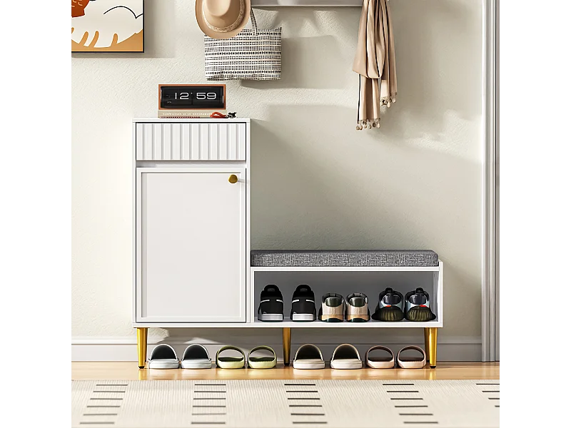 Meuble à chaussures avec banc + 1 porte + 1 tiroirs + rangement ouvert - 100 x 35 x 82 cm - aggloméré - blanc