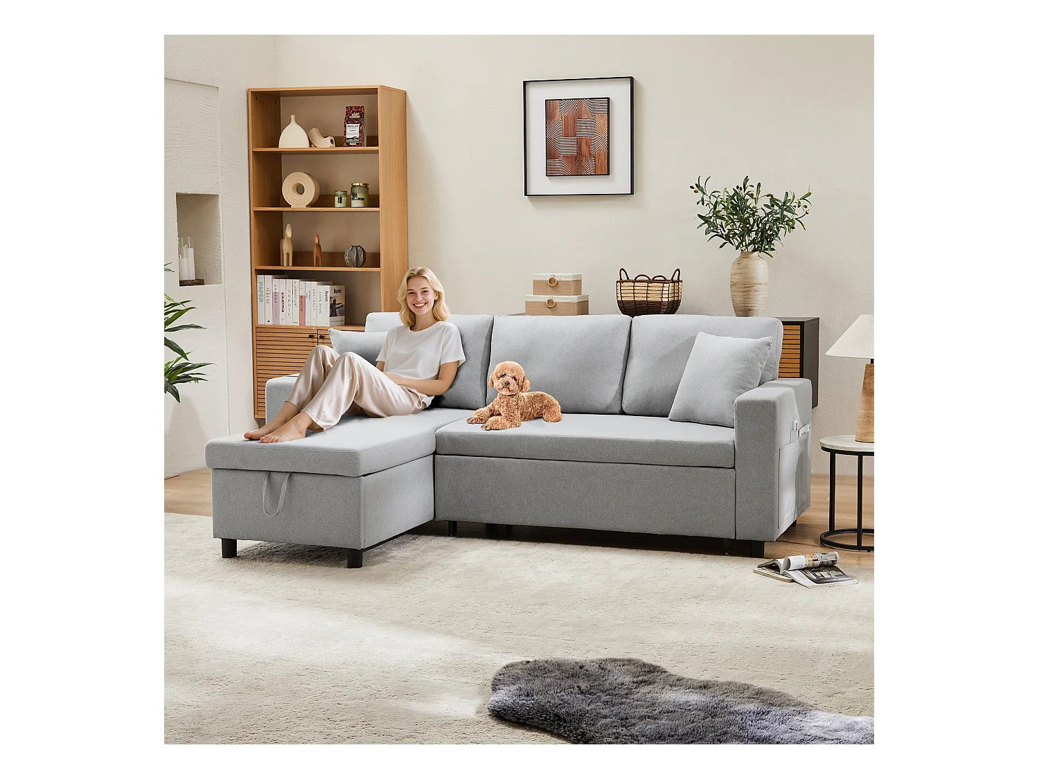 Canapé convertible 3 places avec rangement - 219.5 x 142.5 x 83 cm - canapé-lit de salon - lin - gris clair