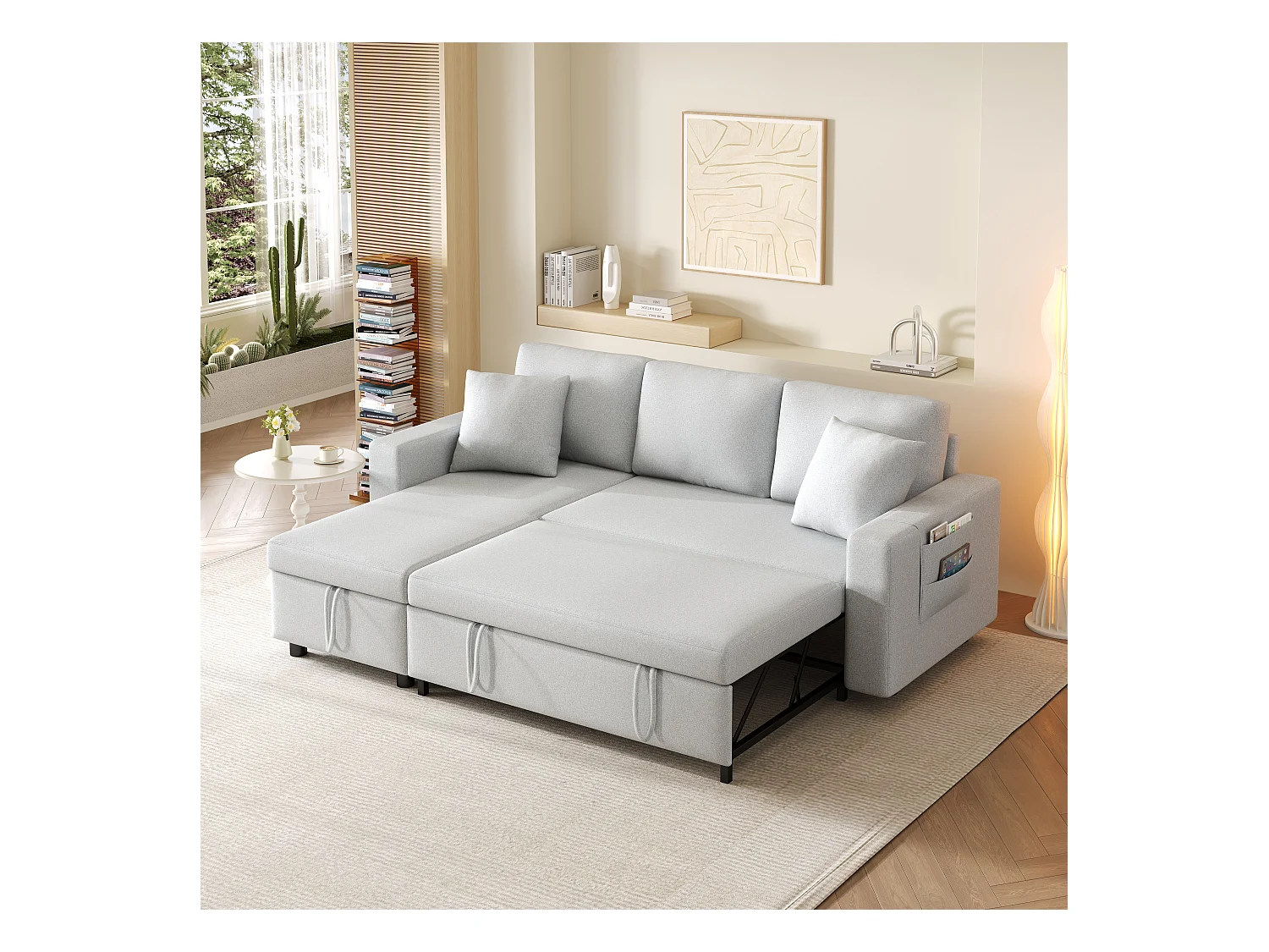 Canapé convertible 3 places avec rangement - 219.5 x 142.5 x 83 cm - canapé-lit de salon - lin - gris clair