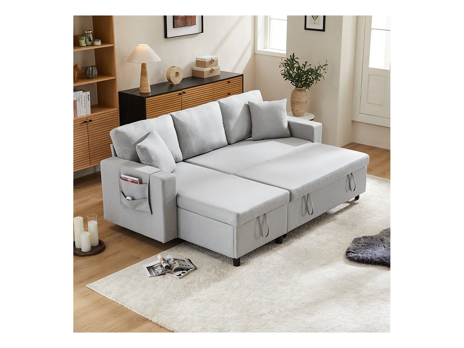 Canapé convertible 3 places avec rangement - 219.5 x 142.5 x 83 cm - canapé-lit de salon - lin - gris clair