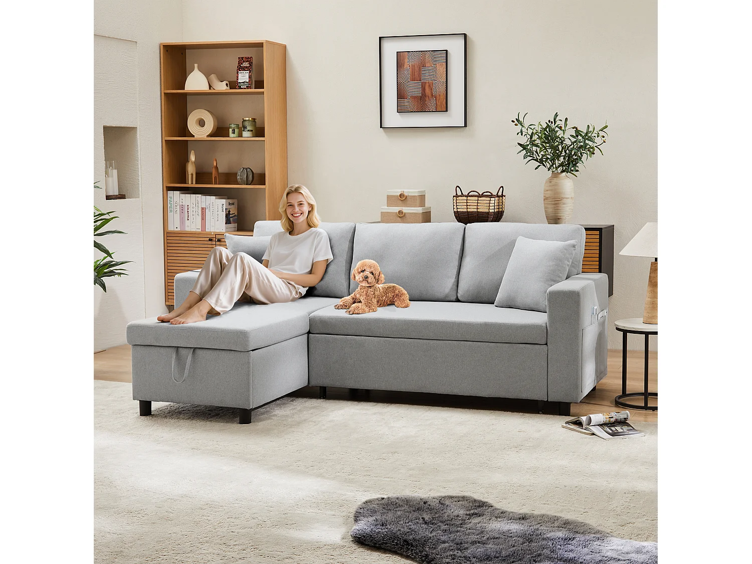 Canapé convertible 3 places avec rangement - 219.5 x 142.5 x 83 cm - canapé-lit de salon - lin - gris clair