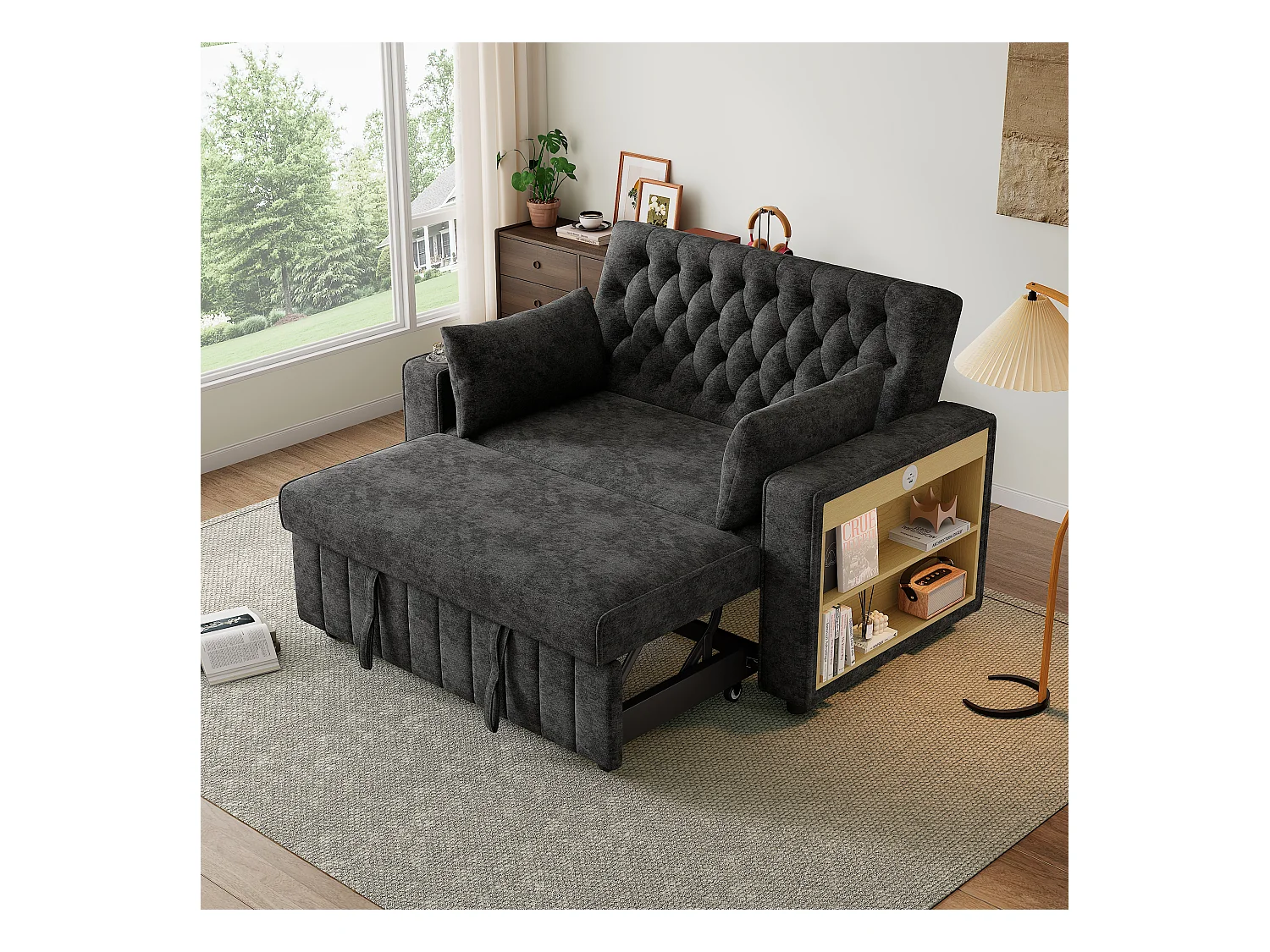 Canapé convertible pliant avec rangement - 140 x 137 x 84 cm - avec USB + oreiller - velours - gris