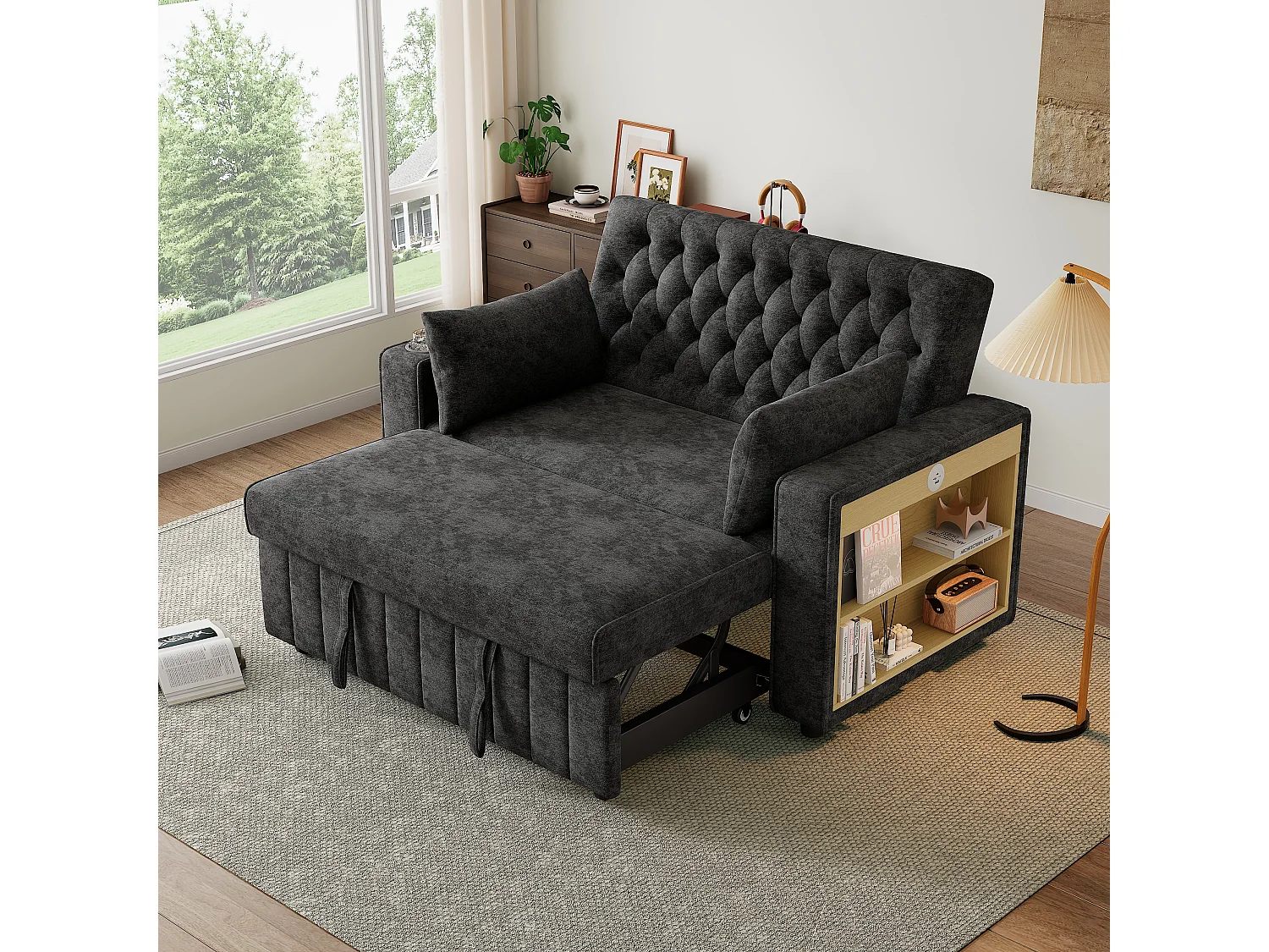 Canapé convertible pliant avec rangement - 140 x 137 x 84 cm - avec USB + oreiller - velours - gris