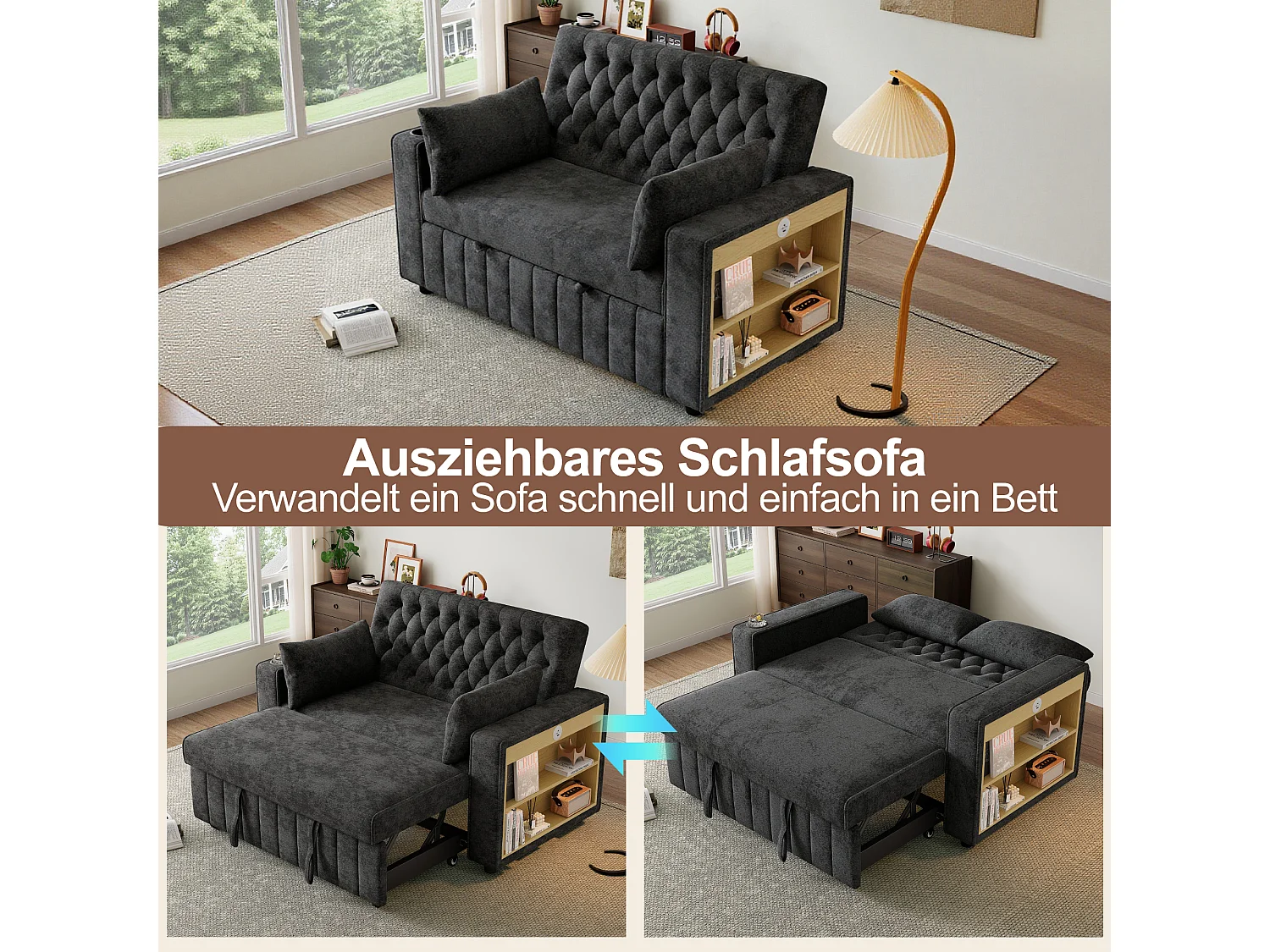 Canapé convertible pliant avec rangement - 140 x 137 x 84 cm - avec USB + oreiller - velours - gris