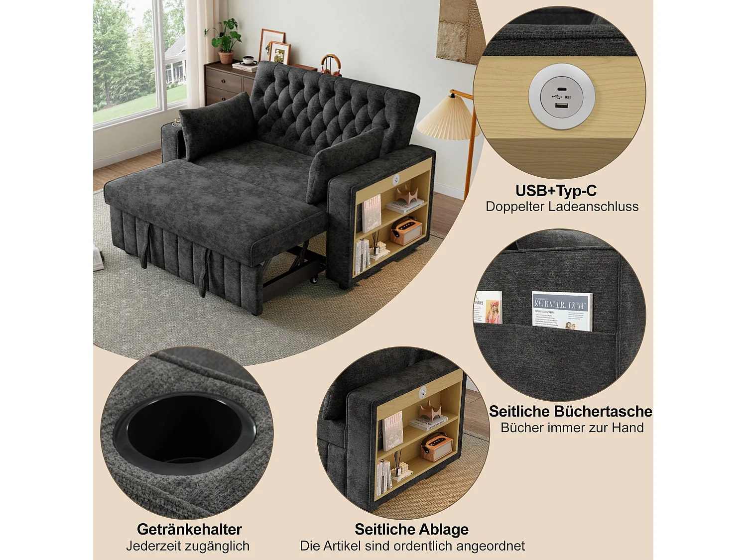 Canapé convertible pliant avec rangement - 140 x 137 x 84 cm - avec USB + oreiller - velours - gris