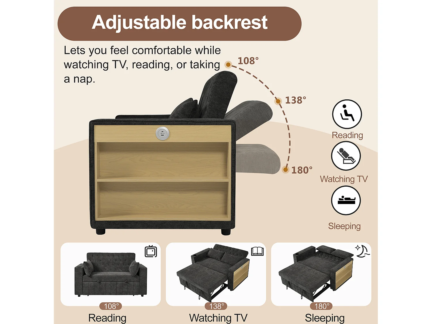 Canapé convertible pliant avec rangement - 140 x 137 x 84 cm - avec USB + oreiller - velours - gris