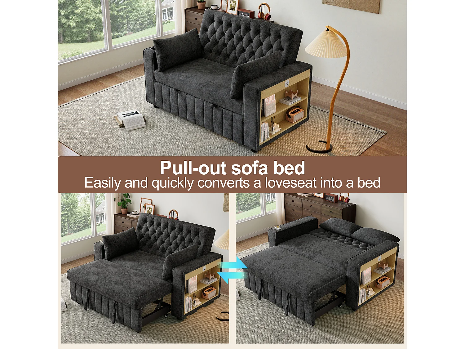 Canapé convertible pliant avec rangement - 140 x 137 x 84 cm - avec USB + oreiller - velours - gris