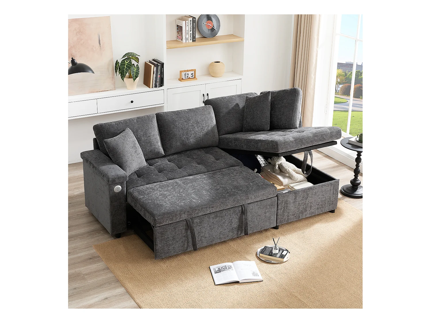 Canapé 3 places convertible gigogne avec rangement - 209 x 130 x 84 cm - avec USB + 2 oreillers - velours - gris
