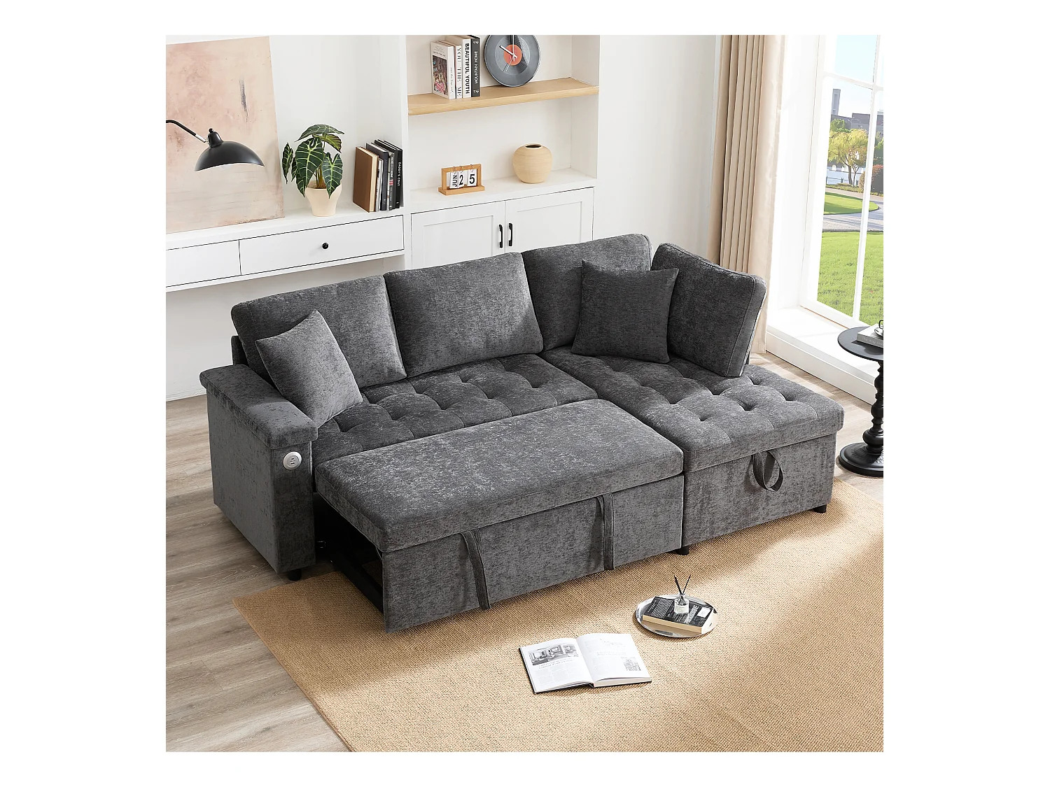 Canapé 3 places convertible gigogne avec rangement - 209 x 130 x 84 cm - avec USB + 2 oreillers - velours - gris