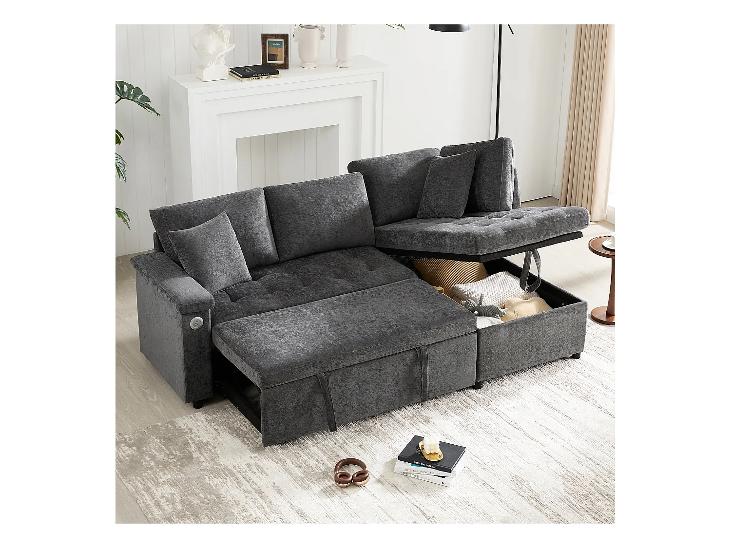 Canapé 3 places convertible gigogne avec rangement - 209 x 130 x 84 cm - avec USB + 2 oreillers - velours - gris