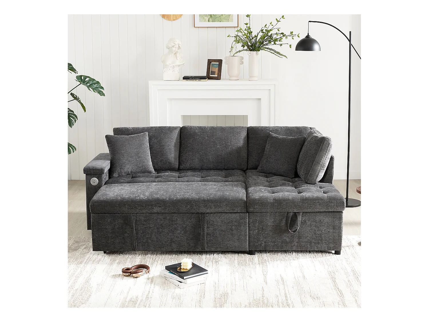 Canapé 3 places convertible gigogne avec rangement - 209 x 130 x 84 cm - avec USB + 2 oreillers - velours - gris