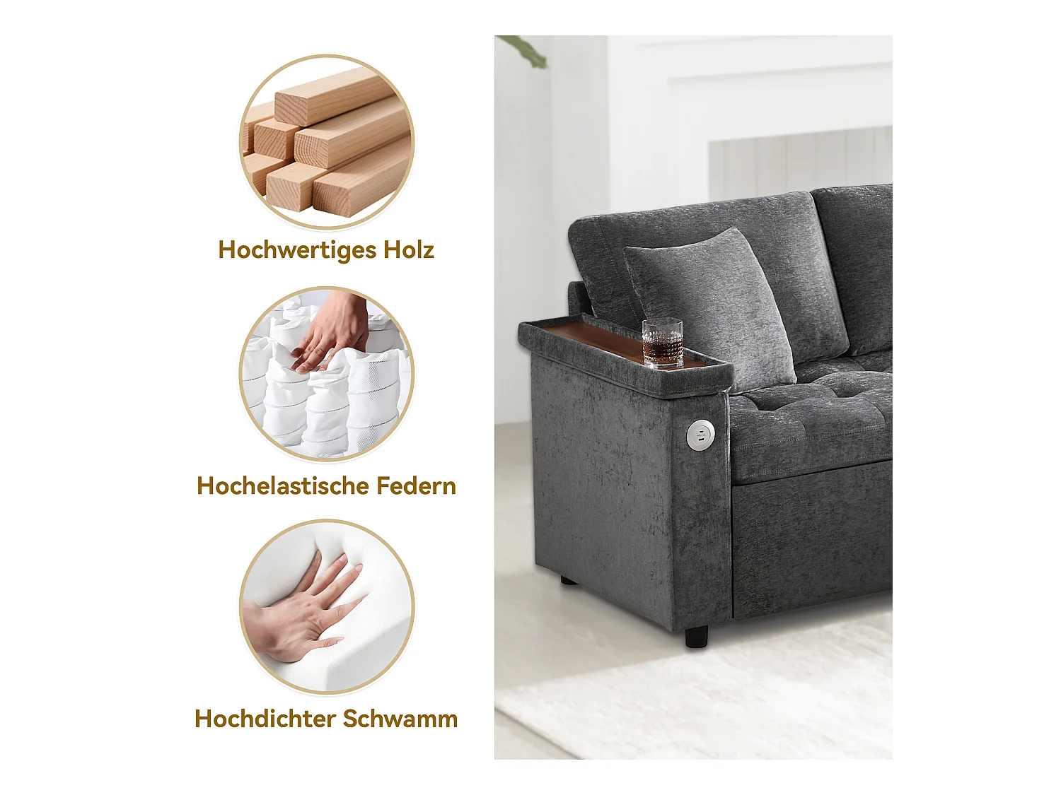 Canapé 3 places convertible gigogne avec rangement - 209 x 130 x 84 cm - avec USB + 2 oreillers - velours - gris