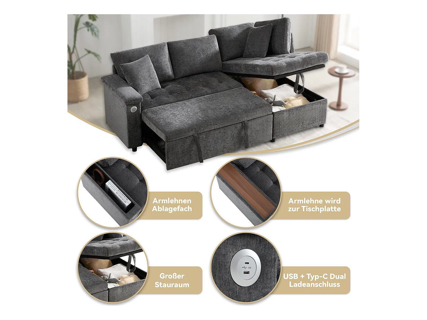 Canapé 3 places convertible gigogne avec rangement - 209 x 130 x 84 cm - avec USB + 2 oreillers - velours - gris