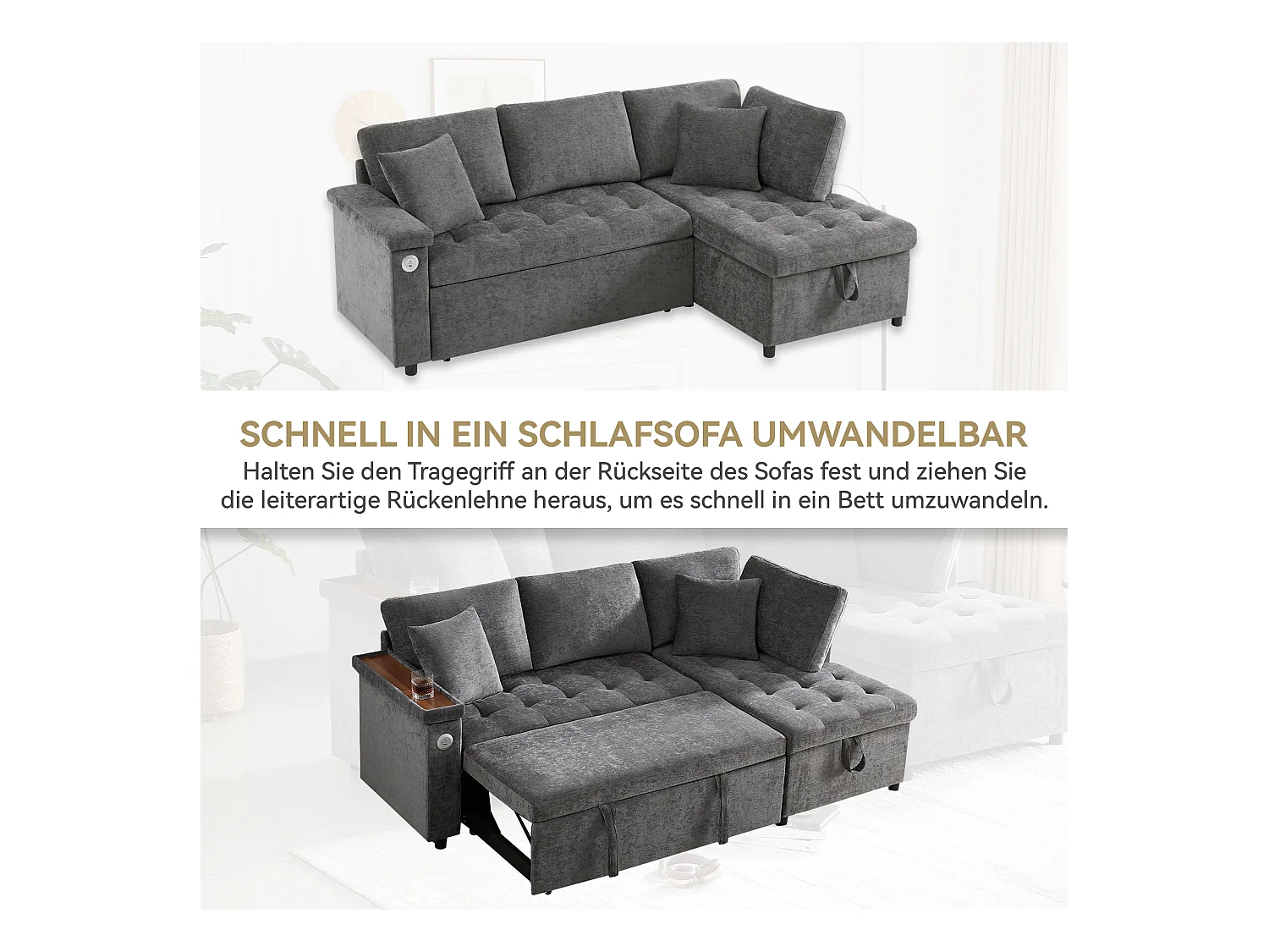 Canapé 3 places convertible gigogne avec rangement - 209 x 130 x 84 cm - avec USB + 2 oreillers - velours - gris