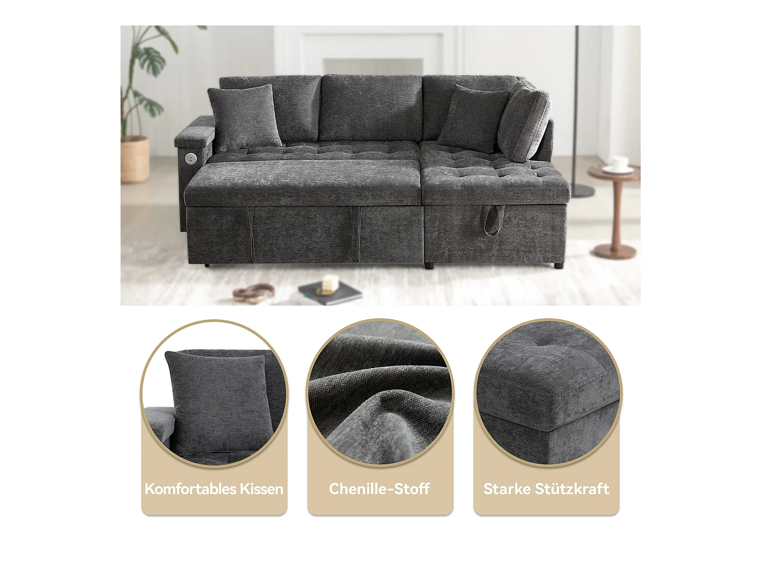 Canapé 3 places convertible gigogne avec rangement - 209 x 130 x 84 cm - avec USB + 2 oreillers - velours - gris