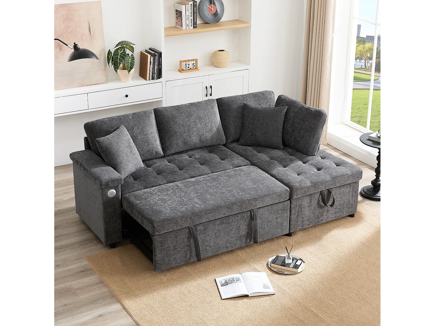 Canapé 3 places convertible gigogne avec rangement - 209 x 130 x 84 cm - avec USB + 2 oreillers - velours - gris