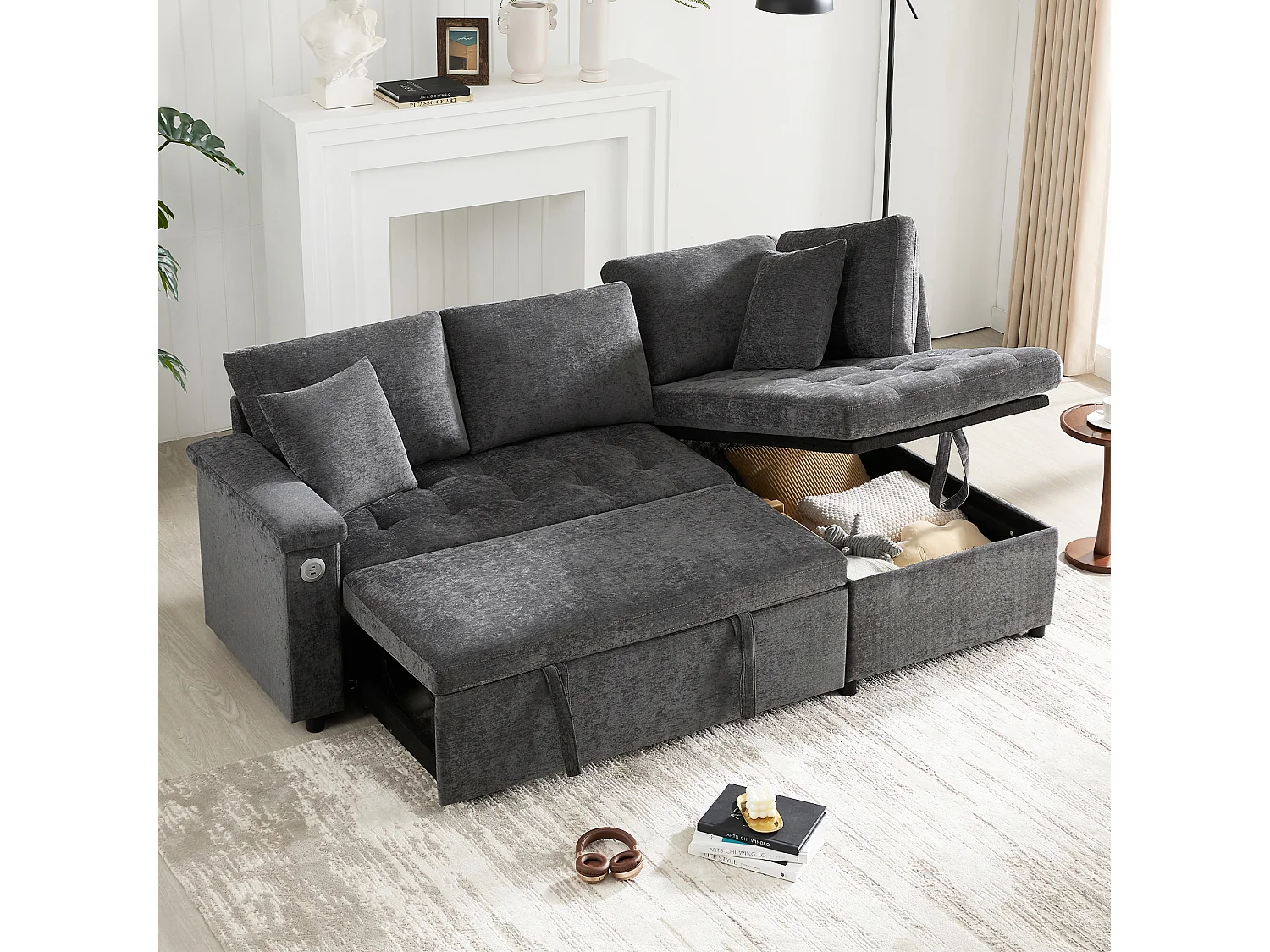 Canapé 3 places convertible gigogne avec rangement - 209 x 130 x 84 cm - avec USB + 2 oreillers - velours - gris