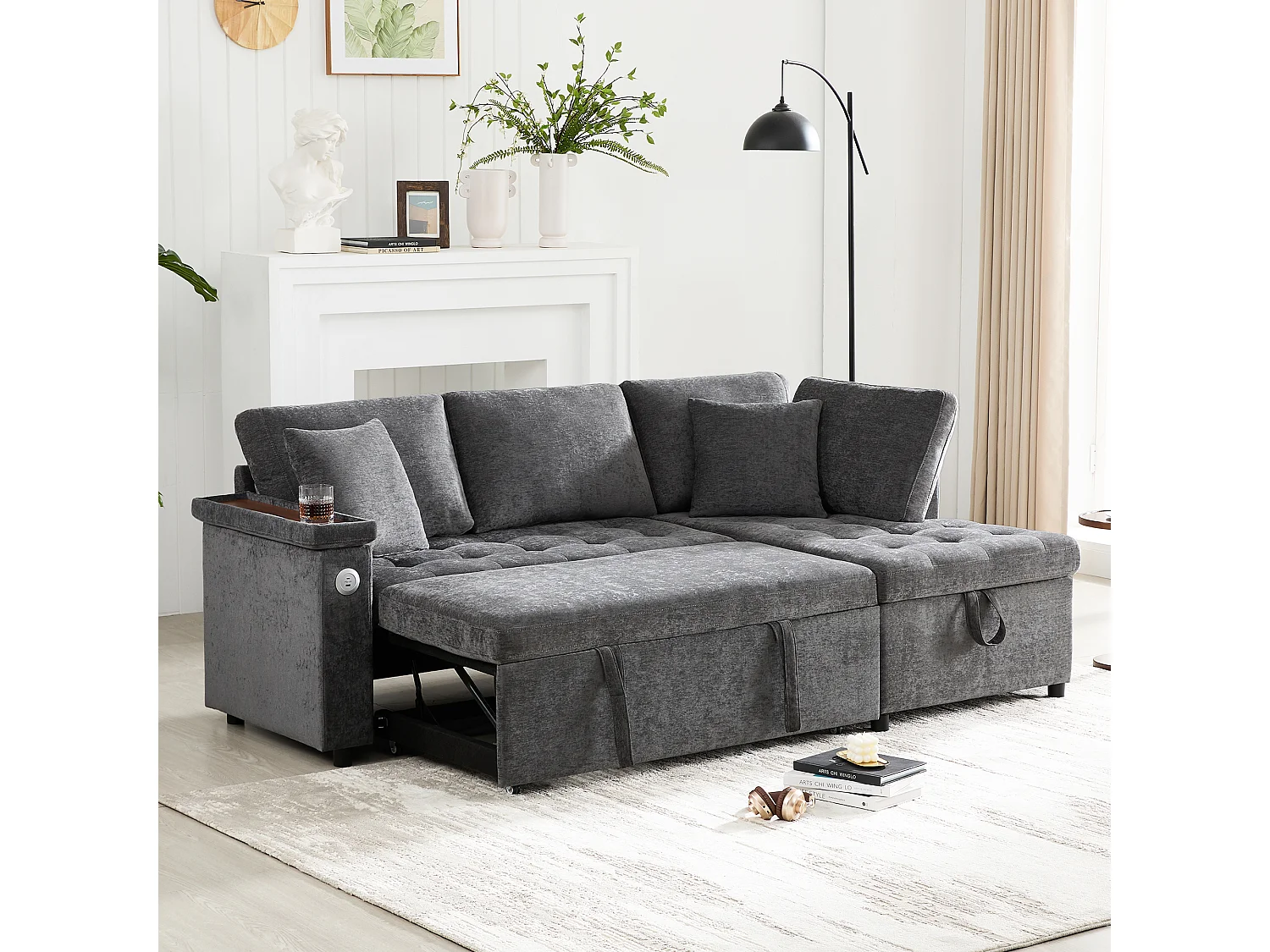 Canapé 3 places convertible gigogne avec rangement - 209 x 130 x 84 cm - avec USB + 2 oreillers - velours - gris