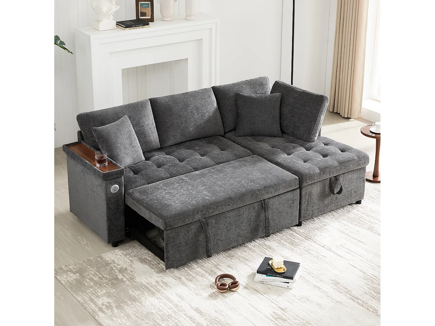 Canapé 3 places convertible gigogne avec rangement - 209 x 130 x 84 cm - avec USB + 2 oreillers - velours - gris