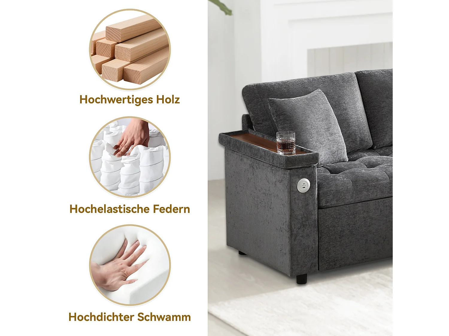 Canapé 3 places convertible gigogne avec rangement - 209 x 130 x 84 cm - avec USB + 2 oreillers - velours - gris