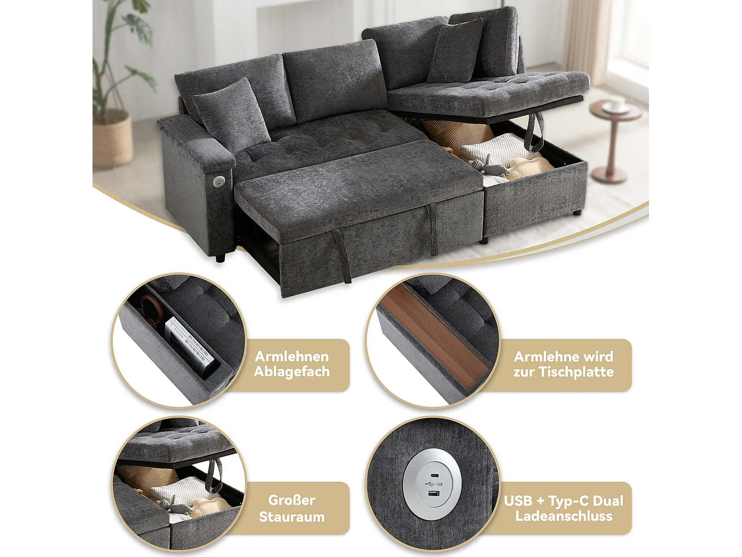 Canapé 3 places convertible gigogne avec rangement - 209 x 130 x 84 cm - avec USB + 2 oreillers - velours - gris