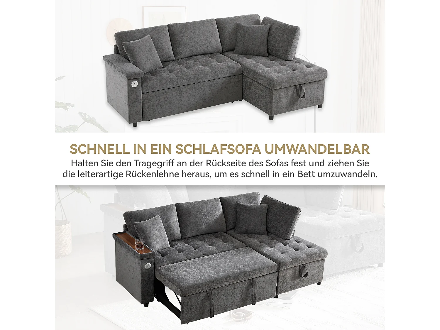 Canapé 3 places convertible gigogne avec rangement - 209 x 130 x 84 cm - avec USB + 2 oreillers - velours - gris