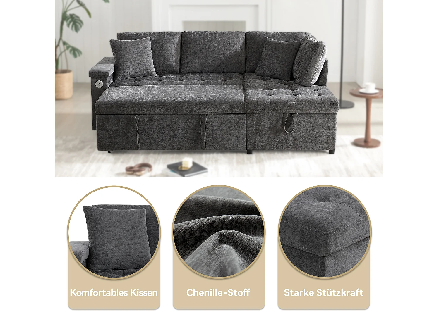 Canapé 3 places convertible gigogne avec rangement - 209 x 130 x 84 cm - avec USB + 2 oreillers - velours - gris