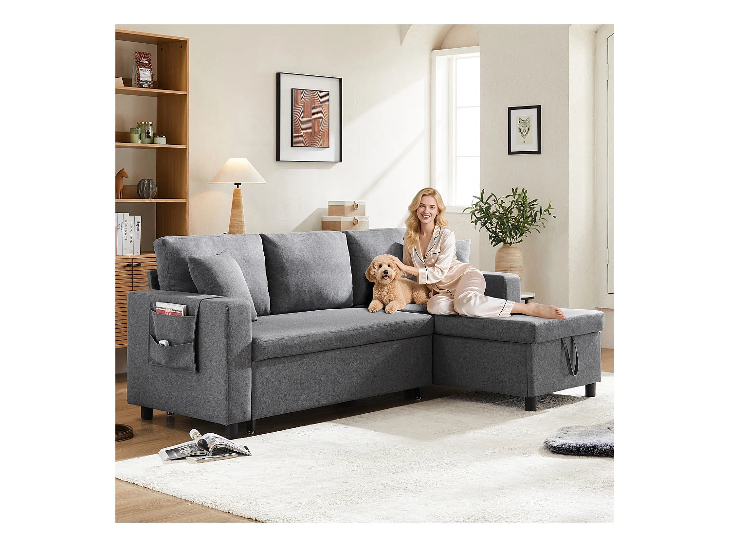 Canapé convertible 3 places avec rangement - 219.5 x 142.5 x 83 cm - canapé-lit de salon - lin - gris