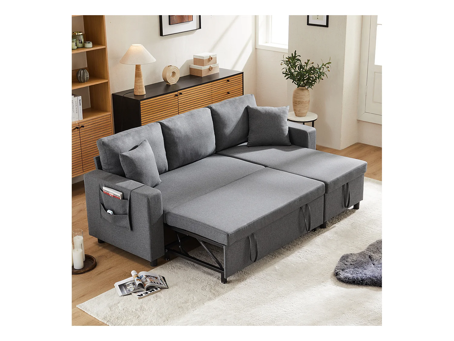 Canapé convertible 3 places avec rangement - 219.5 x 142.5 x 83 cm - canapé-lit de salon - lin - gris