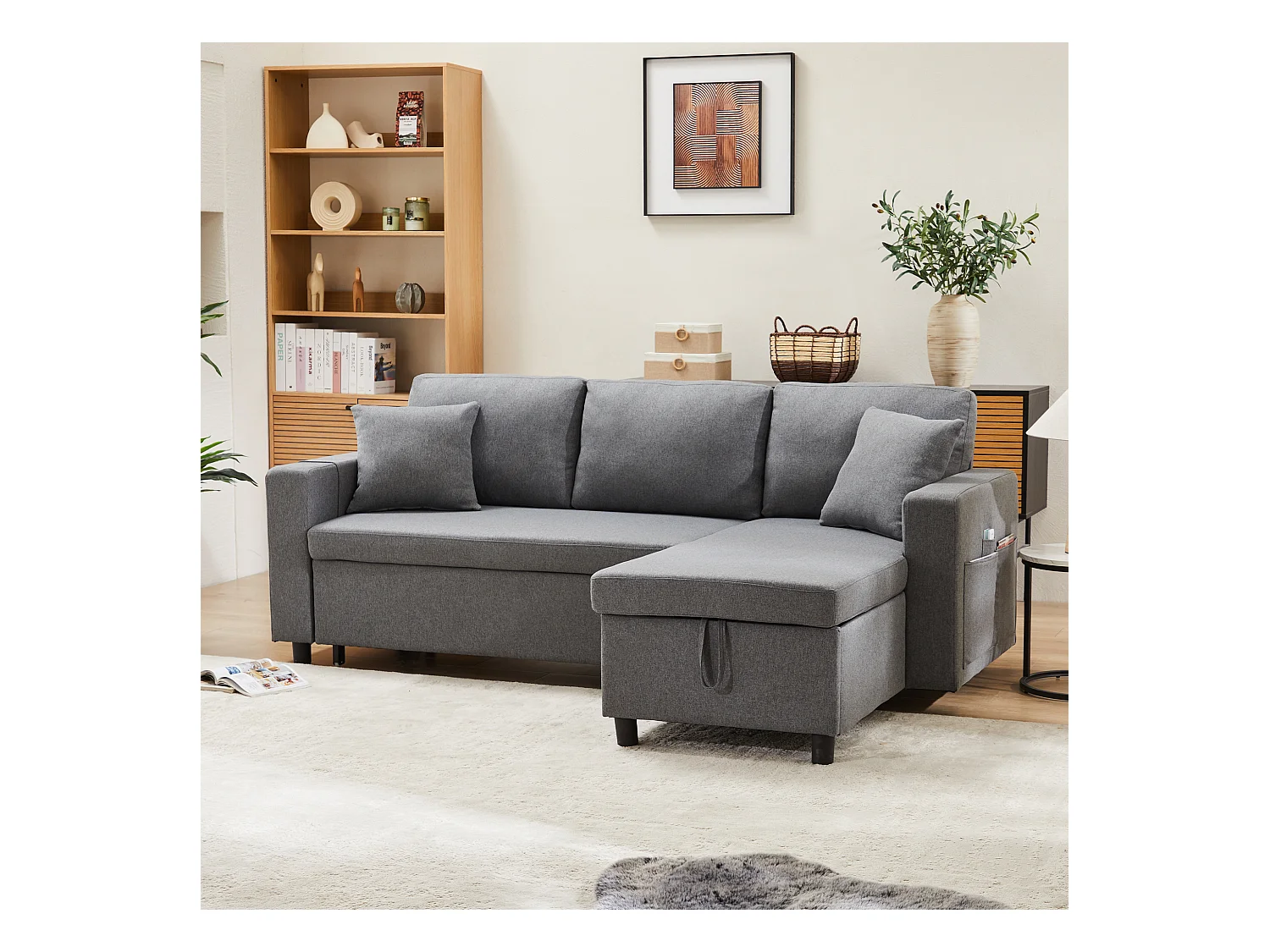 Canapé convertible 3 places avec rangement - 219.5 x 142.5 x 83 cm - canapé-lit de salon - lin - gris