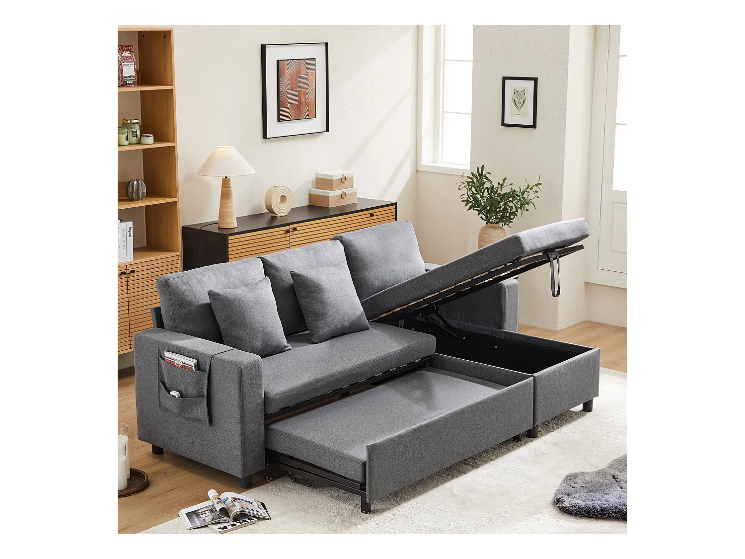 Canapé convertible 3 places avec rangement - 219.5 x 142.5 x 83 cm - canapé-lit de salon - lin - gris