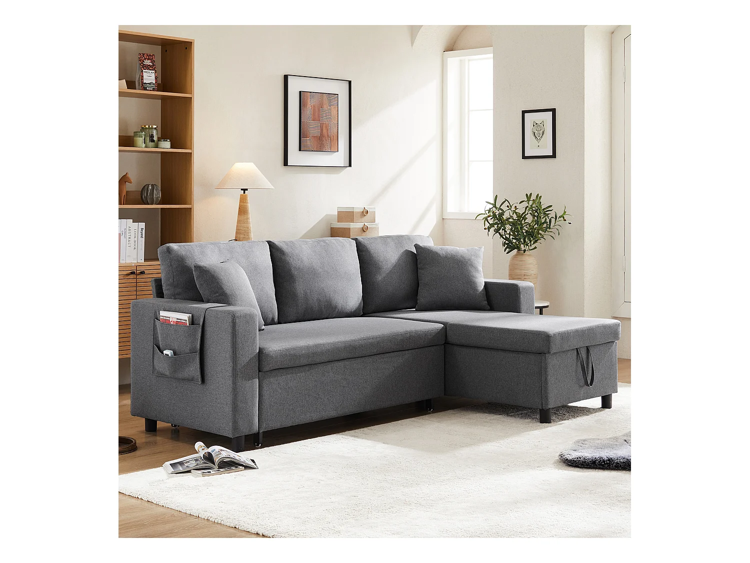 Canapé convertible 3 places avec rangement - 219.5 x 142.5 x 83 cm - canapé-lit de salon - lin - gris